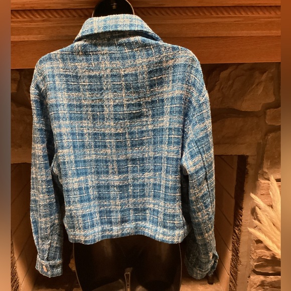 ZARA BLUE TWEED CROPPED LONG SLEEVE RHINESTONE BUTTON OVERSIZED JACKET SZ. L - Picture 8 of 15